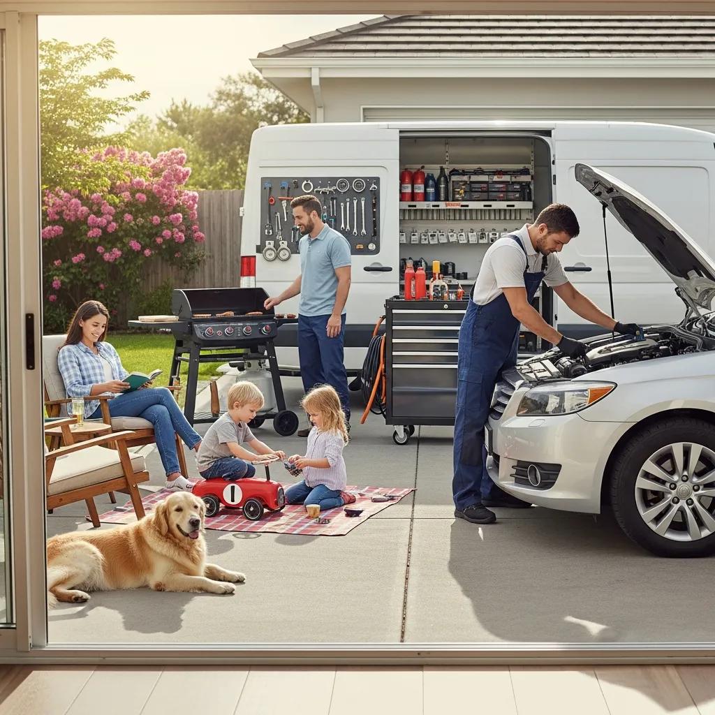 Family enjoying time at home while a mobile mechanic performs an oil change in the driveway