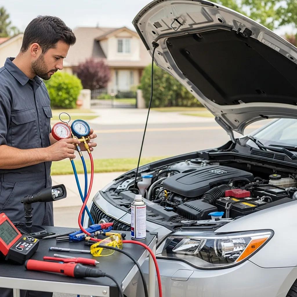 Mechanic inspecting car AC system during mobile repair process, emphasizing service efficiency