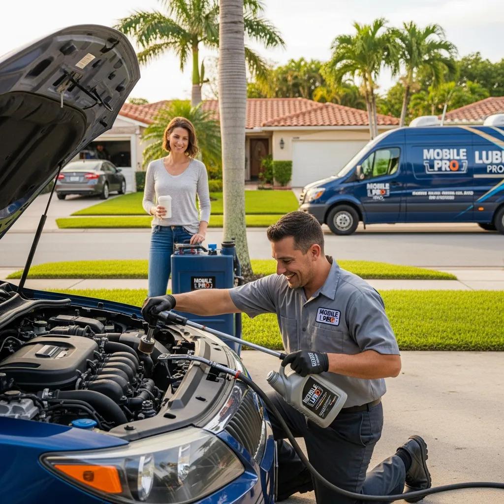 Mechanic performing mobile oil change in Hollywood FL, highlighting convenience and customer service