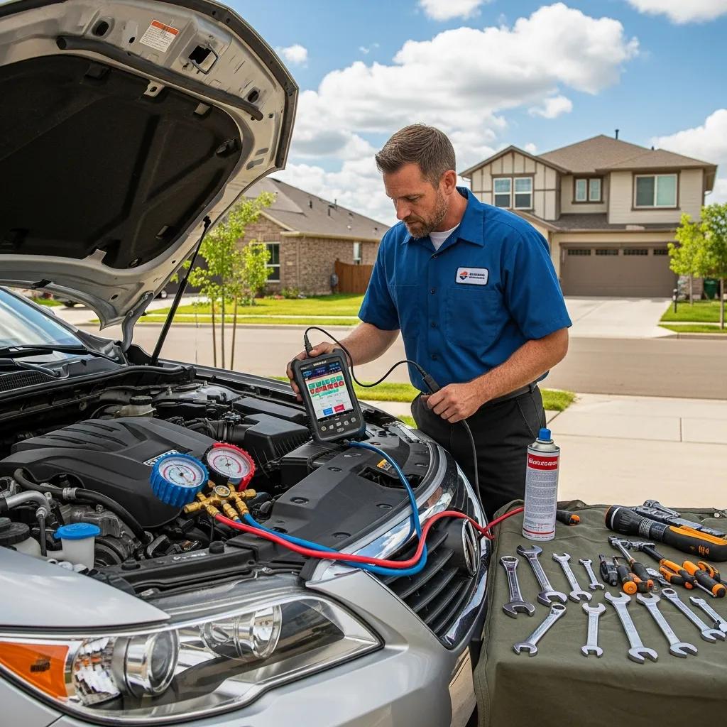 Mobile mechanic diagnosing car AC issues on-site in Plantation FL, highlighting service efficiency