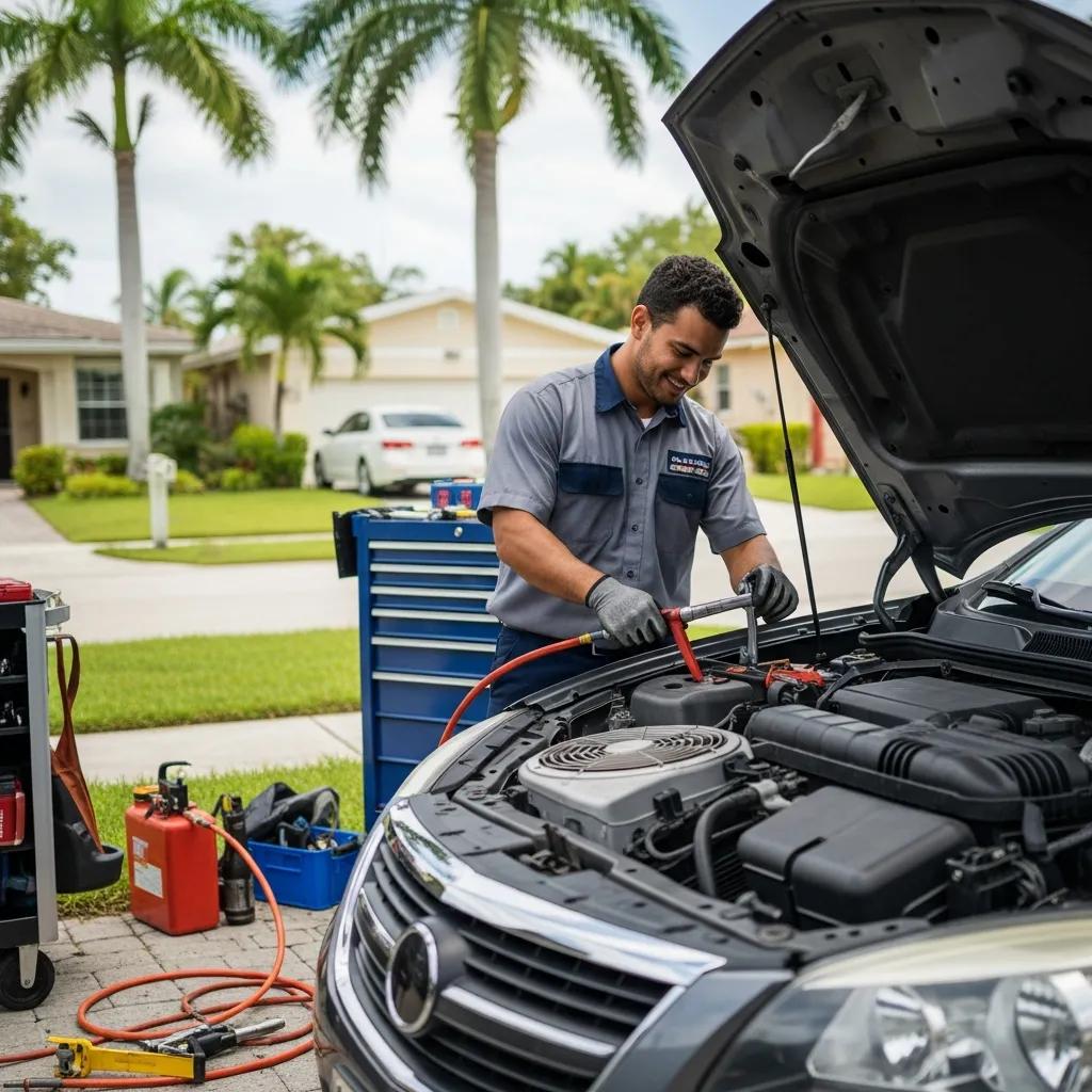 Mobile mechanic repairing car AC in Hollywood FL, showcasing convenience and expertise