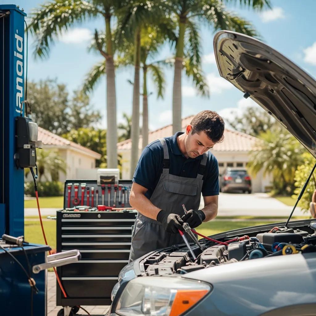 Mobile mechanic repairing car AC in Plantation FL, showcasing convenience and expertise