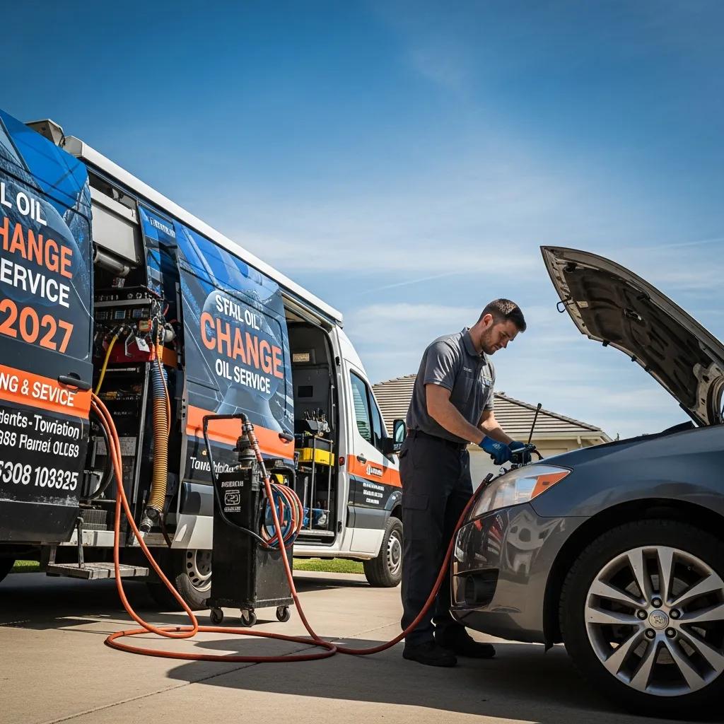 Mobile oil change technician servicing a car in a driveway, showcasing convenience and professionalism