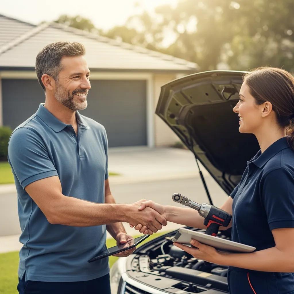 Satisfied customer interacting with mobile mechanic in Plantation FL, reflecting positive service experience