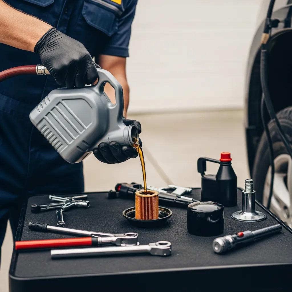 Technician performing an oil change on a vehicle, highlighting the mobile service process