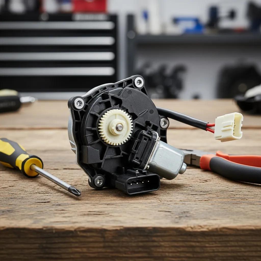 Blend door actuator on a workbench with tools, representing vehicle HVAC system repair
