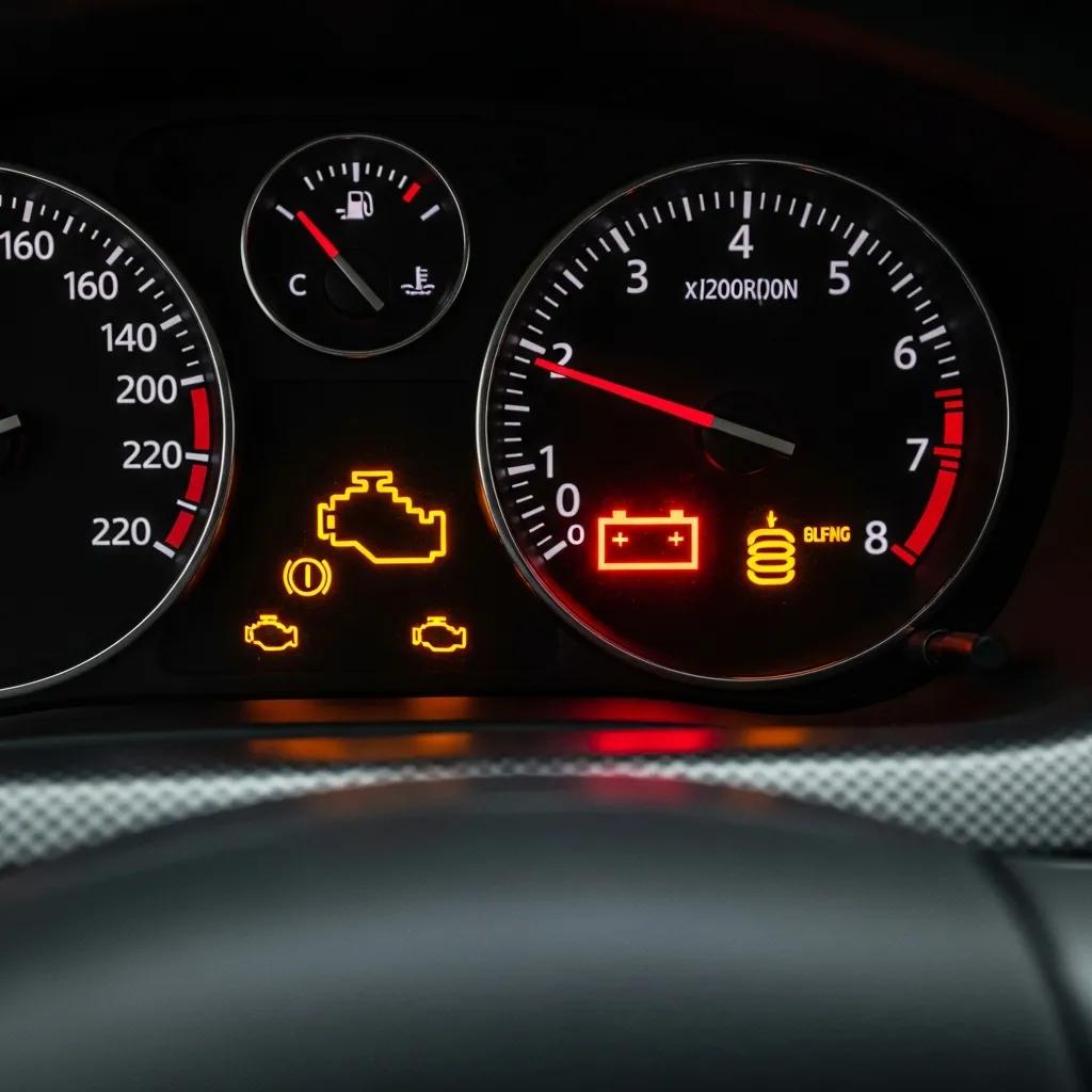 Car dashboard showing warning lights related to ignition coil failure