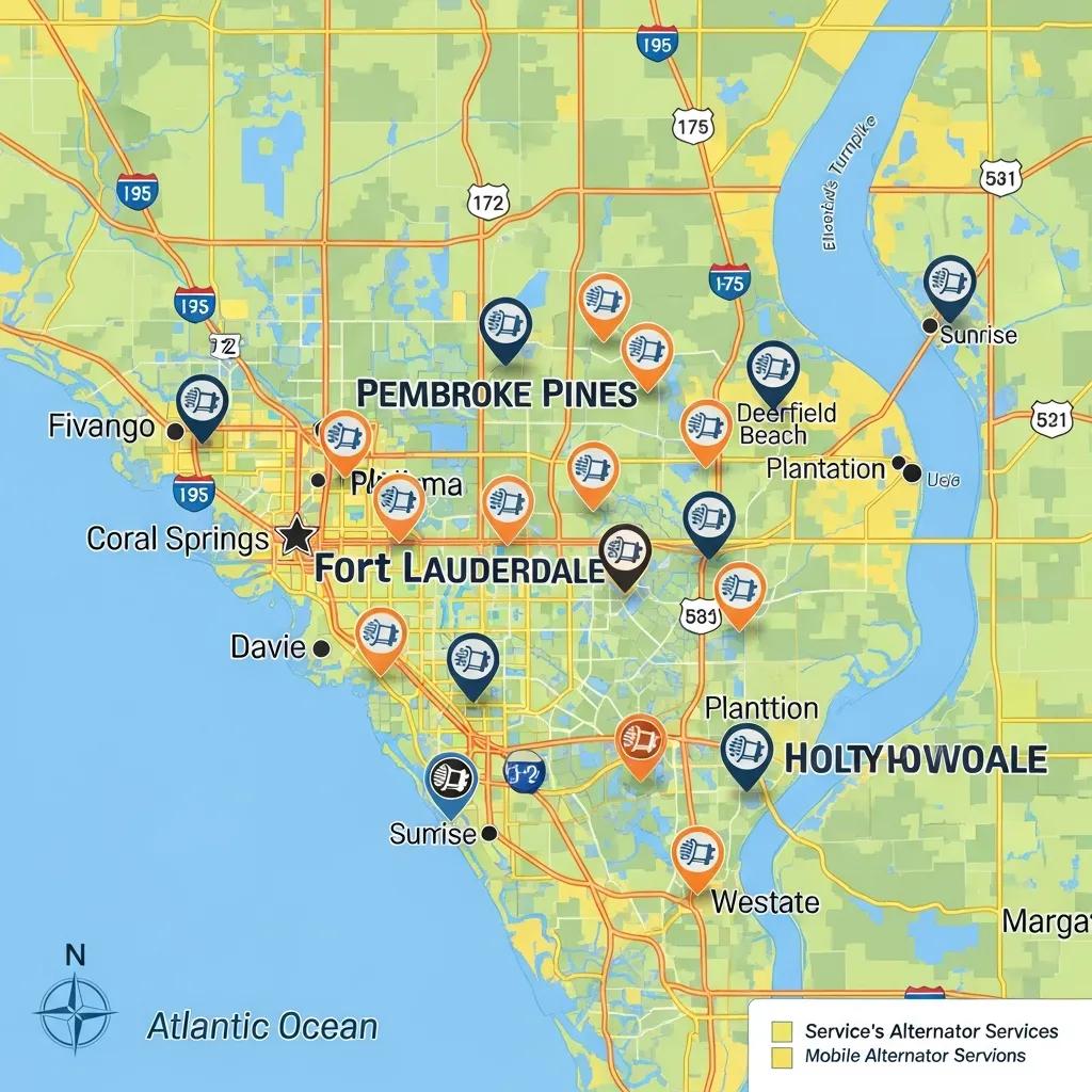 Map of Broward County highlighting service areas for mobile alternator repair, emphasizing extensive coverage