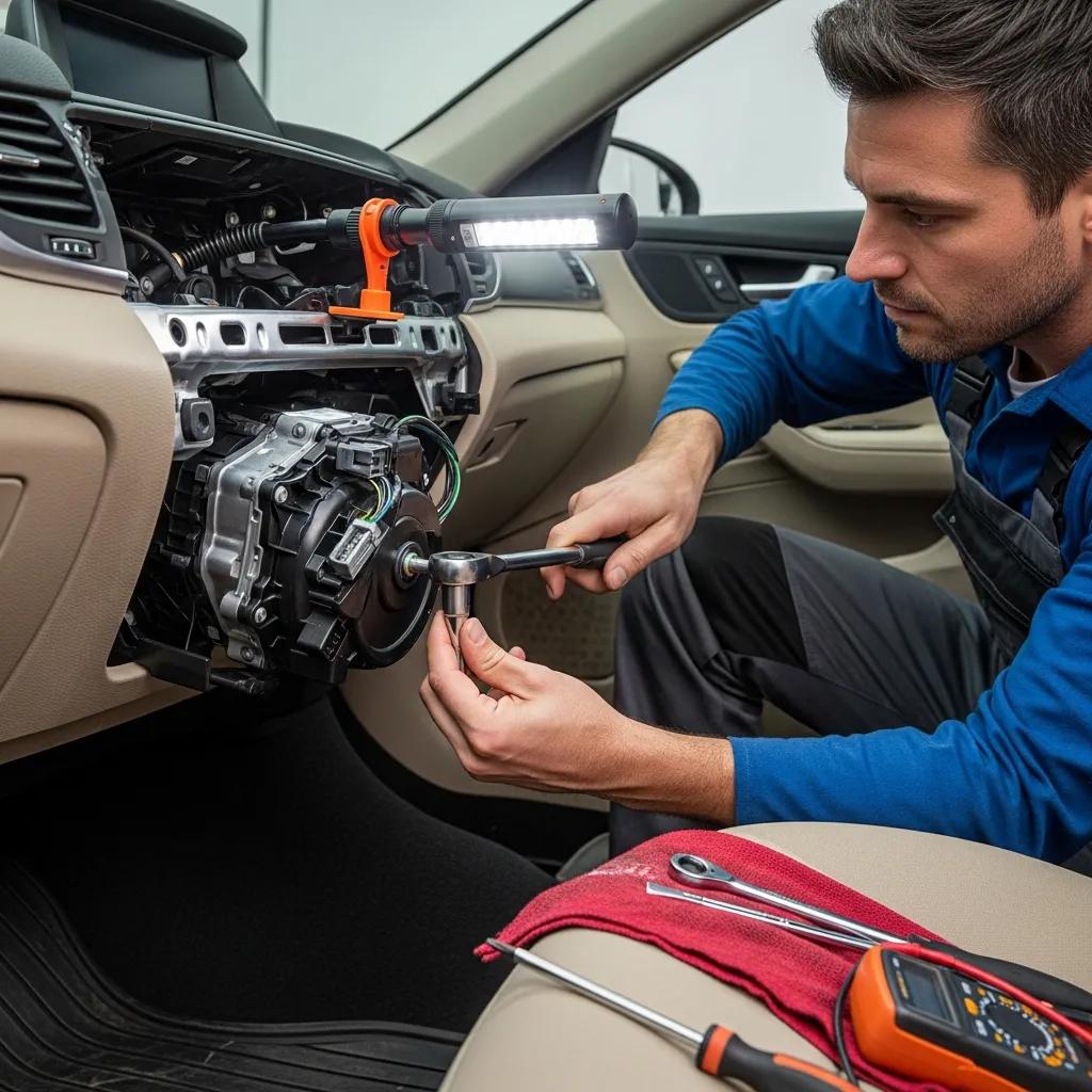 Mechanic repairing blend door actuator in a vehicle's HVAC system