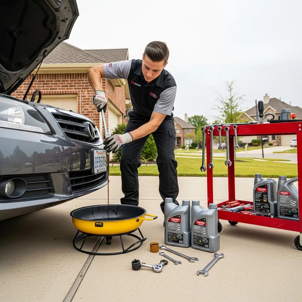 Mobile mechanic draining old oil from a vehicle, illustrating the oil change process at home