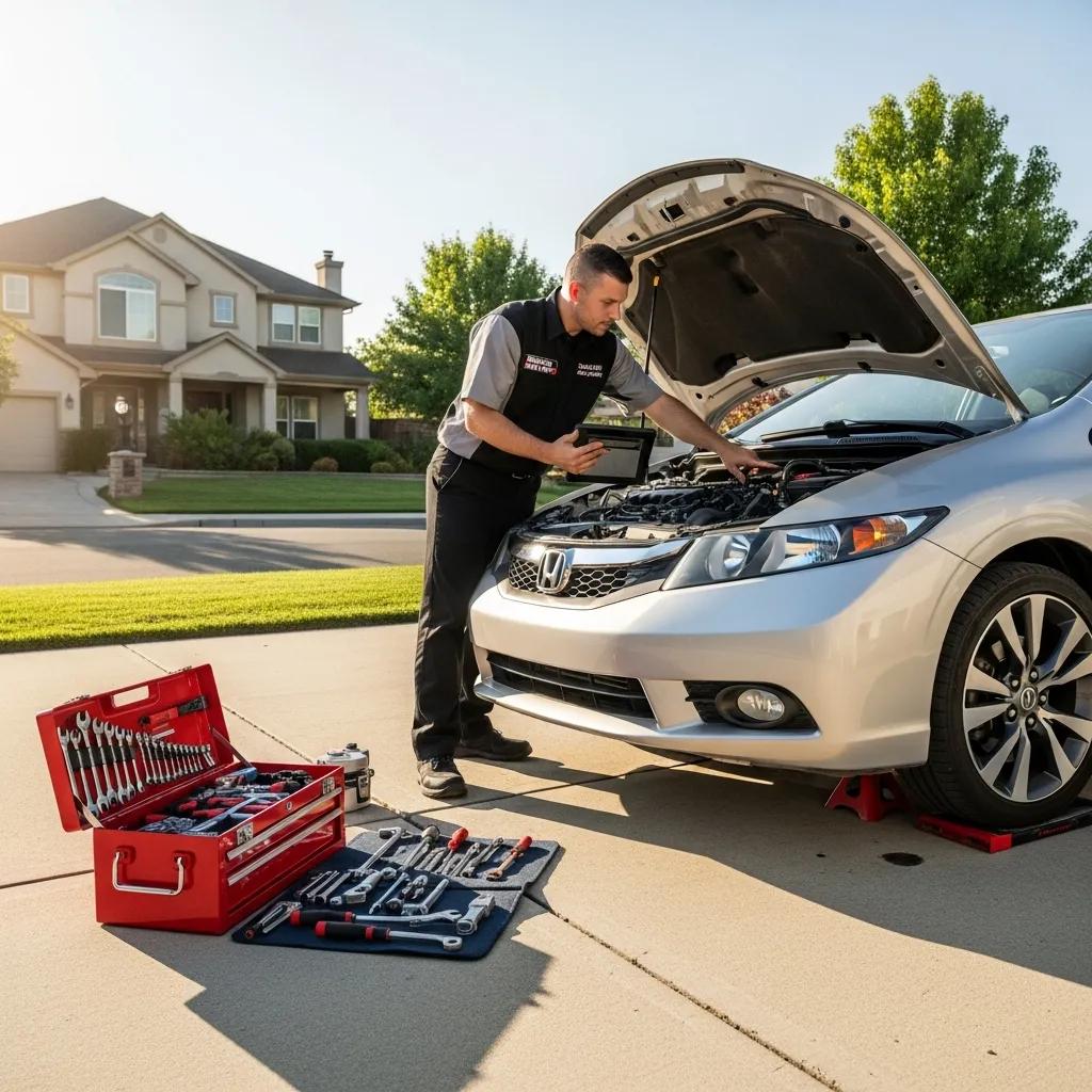 Mobile mechanic inspecting a used car in a driveway, emphasizing convenience and vehicle evaluation