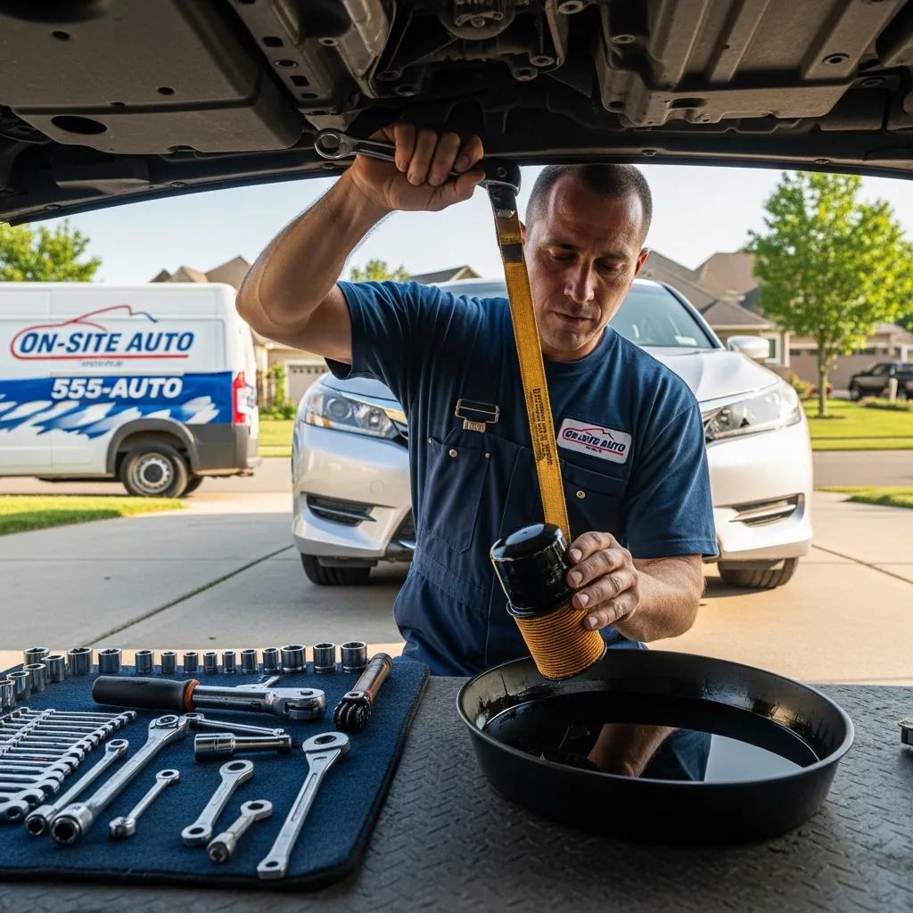 Mobile mechanic performing an oil change on-site, highlighting the convenience of mobile services