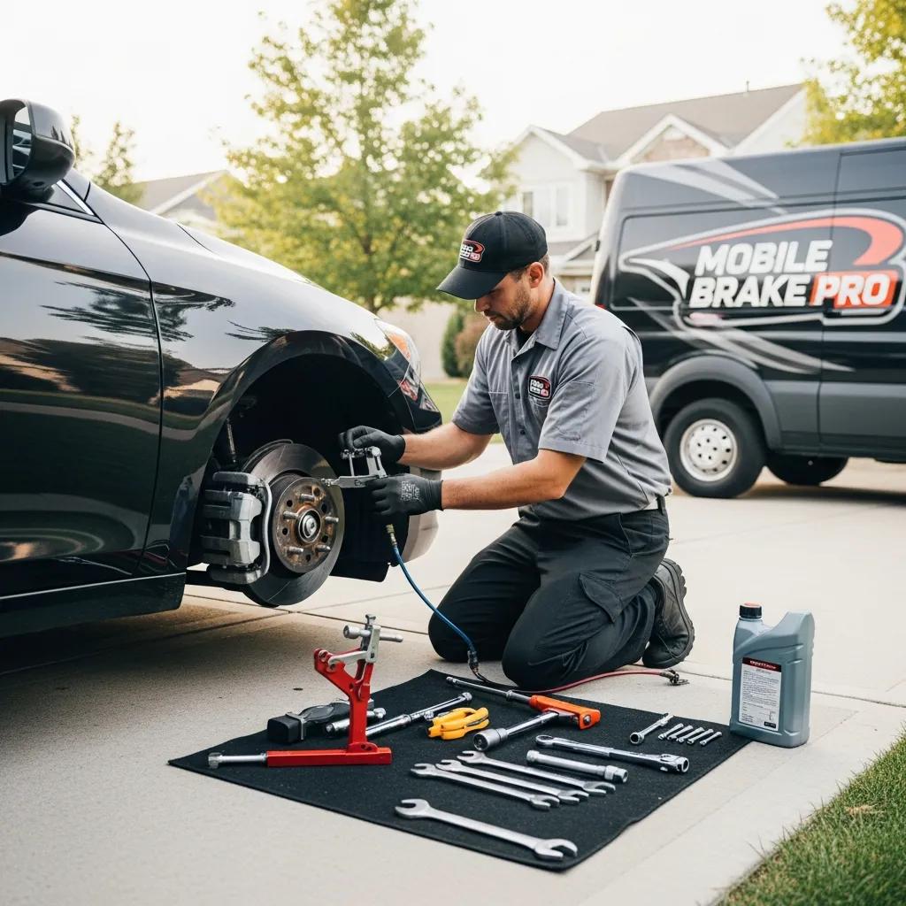 Mobile mechanic performing brake repair on a vehicle in a driveway