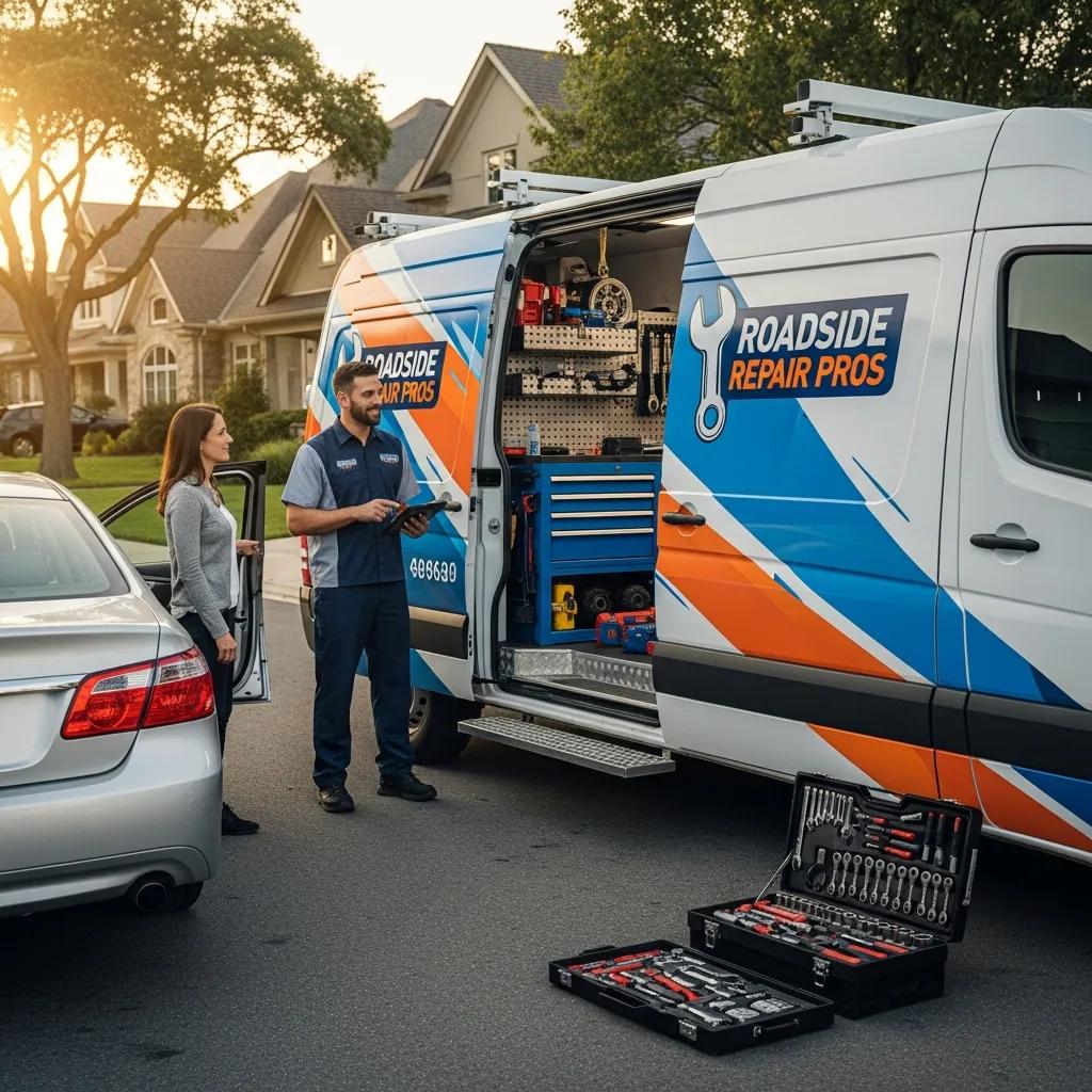 Mobile mechanic service van assisting a customer in a residential area