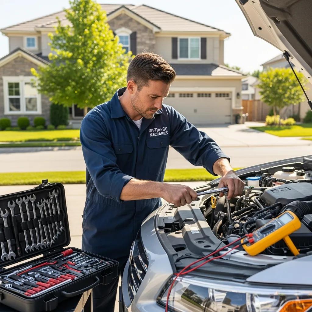 Mobile mechanic servicing a car in a driveway, showcasing convenience and professionalism