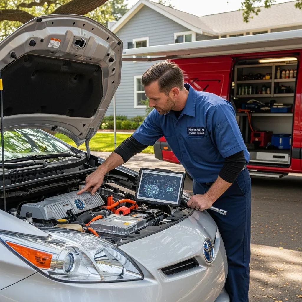 Mobile mechanic servicing a Toyota hybrid vehicle in a suburban environment
