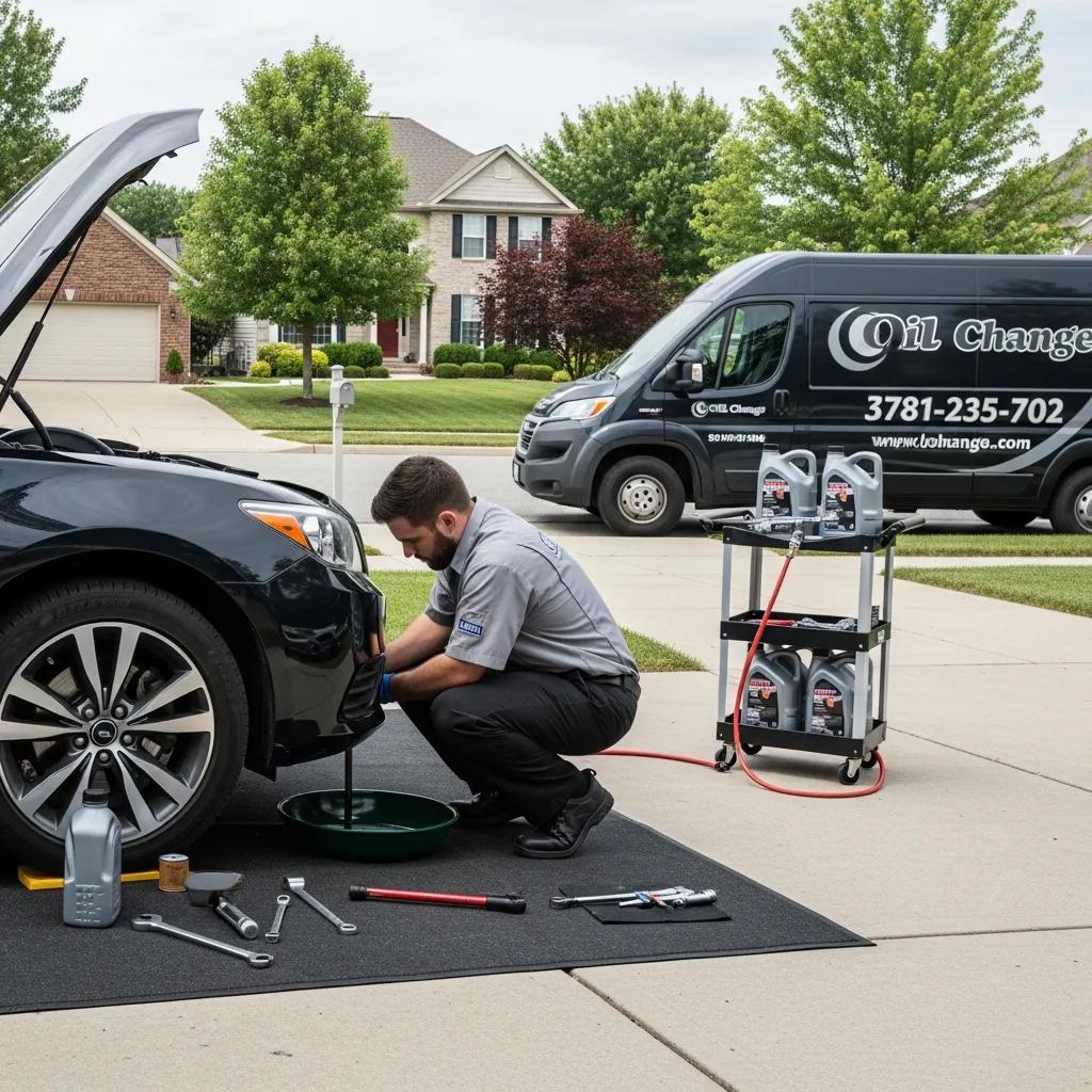 Mobile oil change technician servicing a vehicle at home, highlighting convenience and efficiency