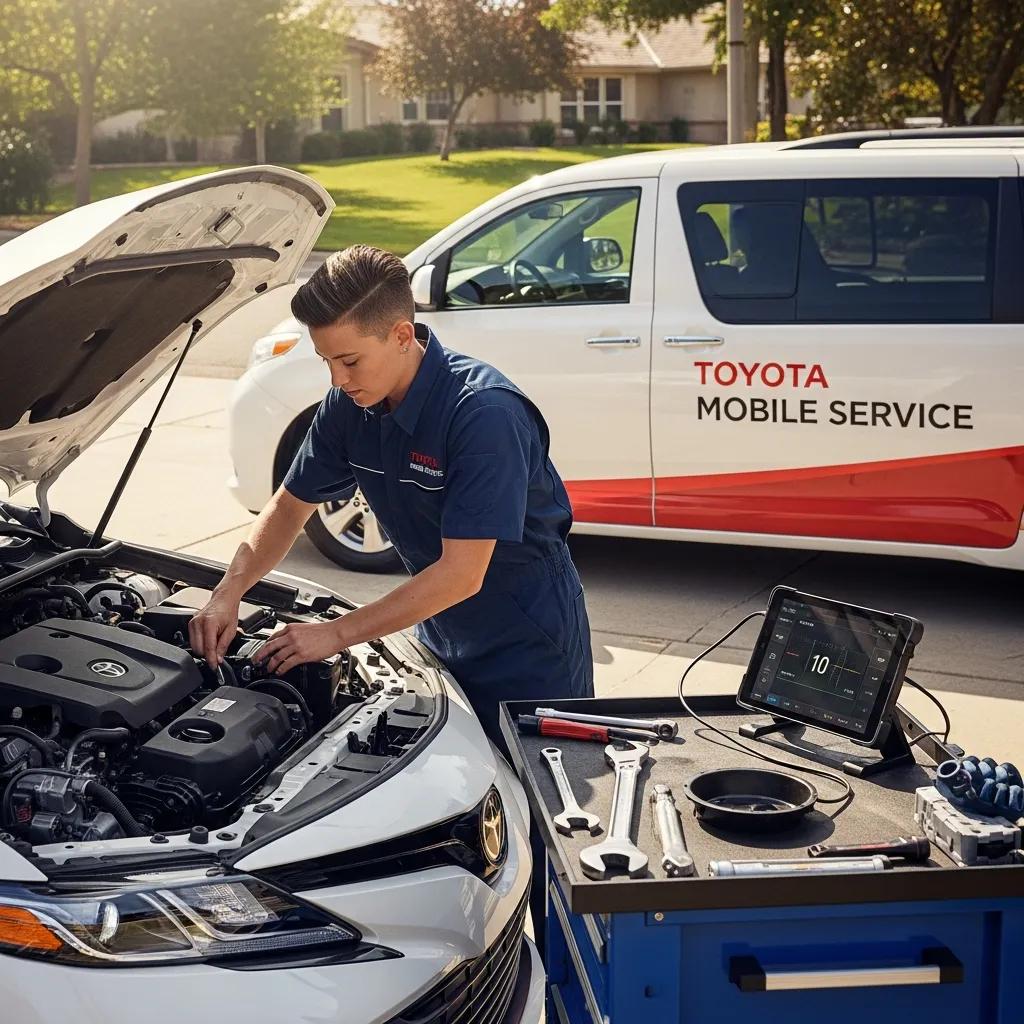 Mobile Toyota mechanic performing on-site repairs in a residential setting
