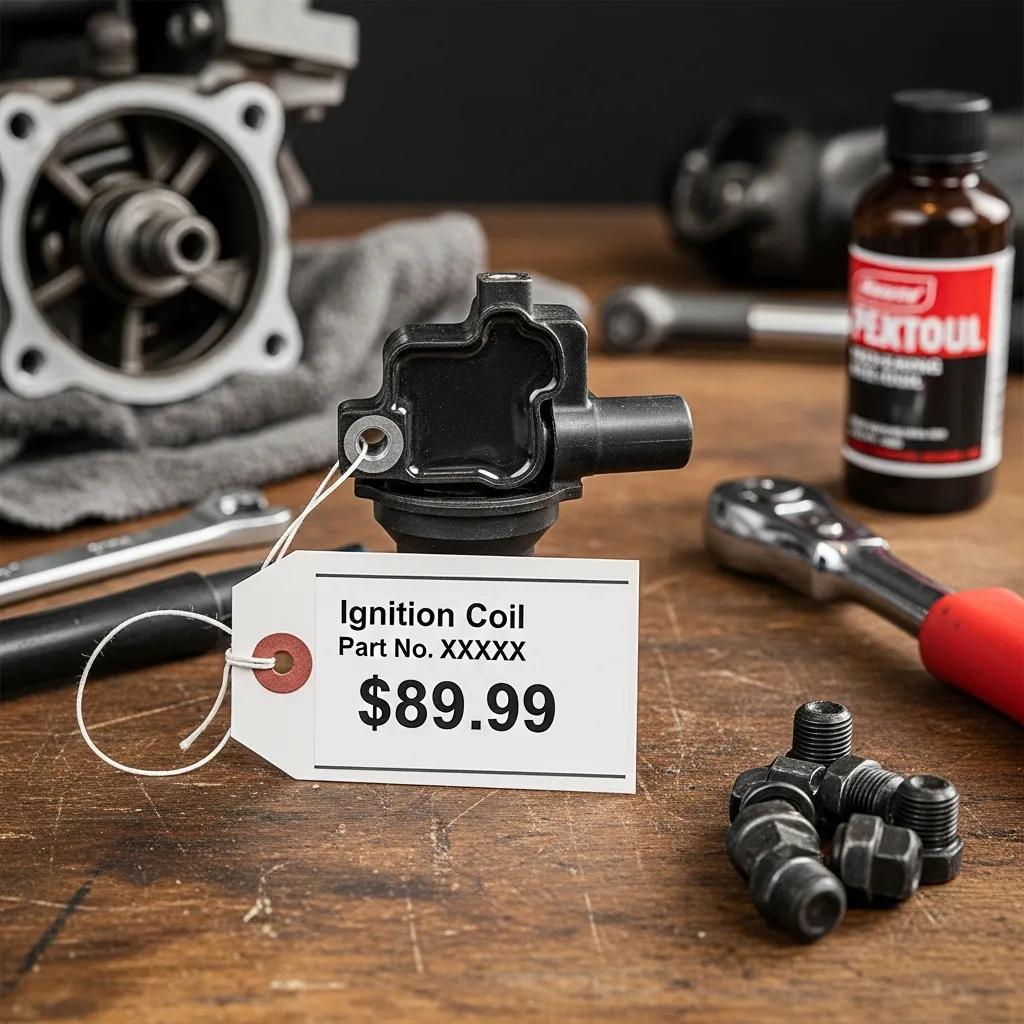 Price tag on ignition coil in a mechanic's workshop