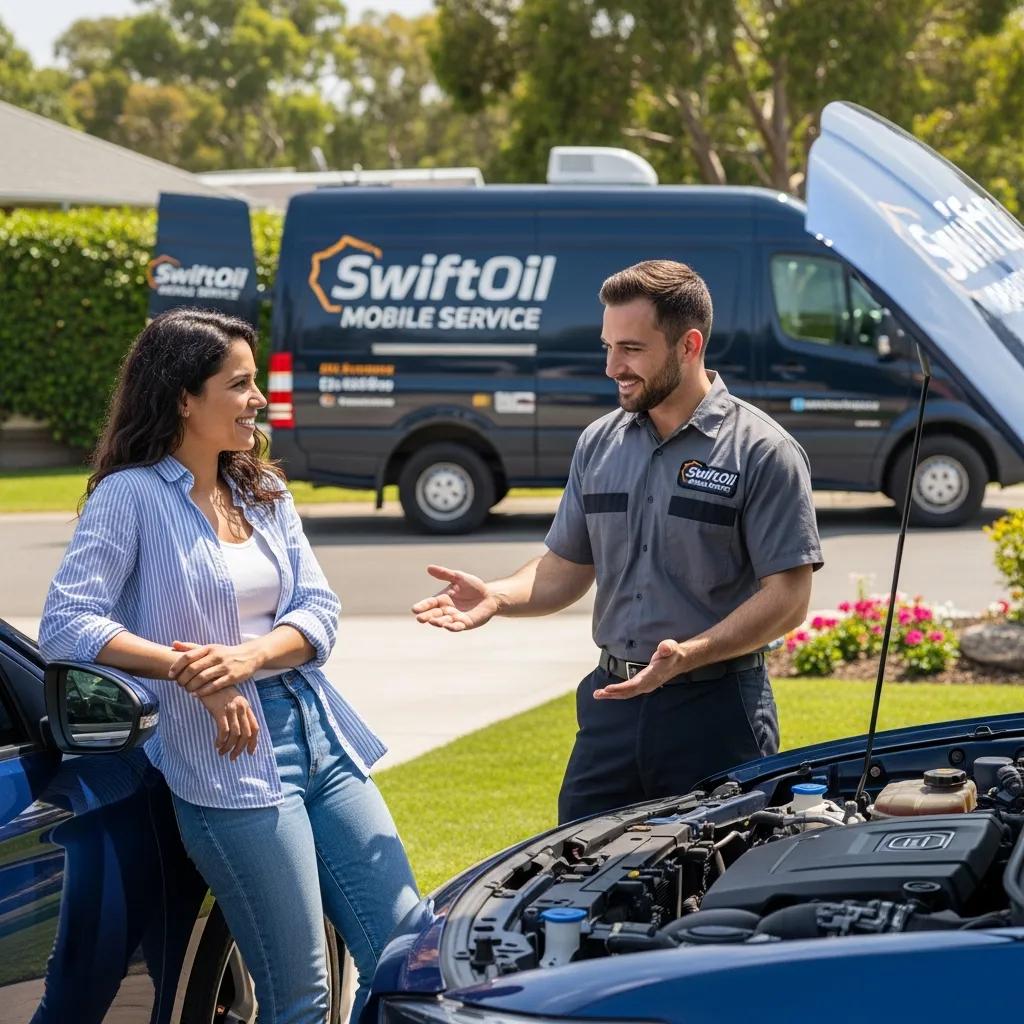 Satisfied customer engaging with a mobile oil change technician, showcasing the benefits of at-home service