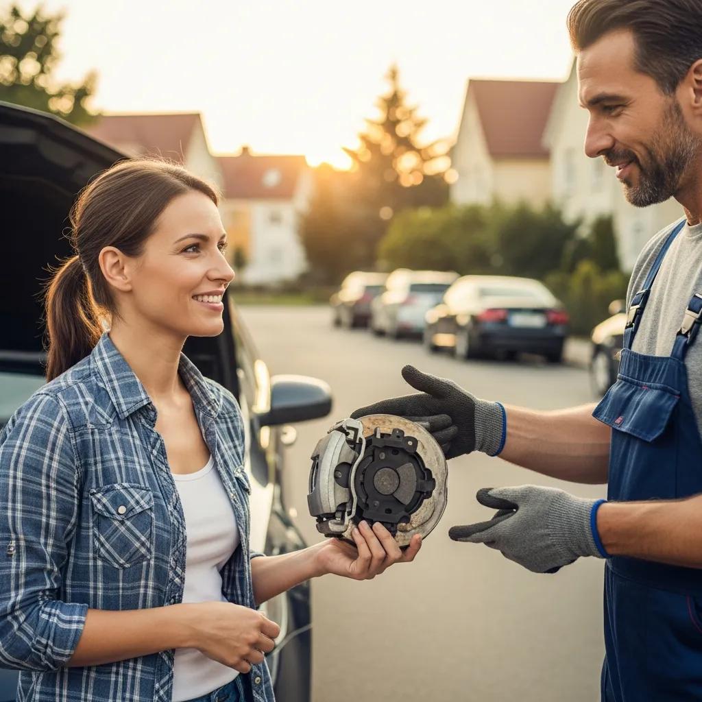 Satisfied customer interacting with a mobile mechanic after brake pad replacement, highlighting positive service experience