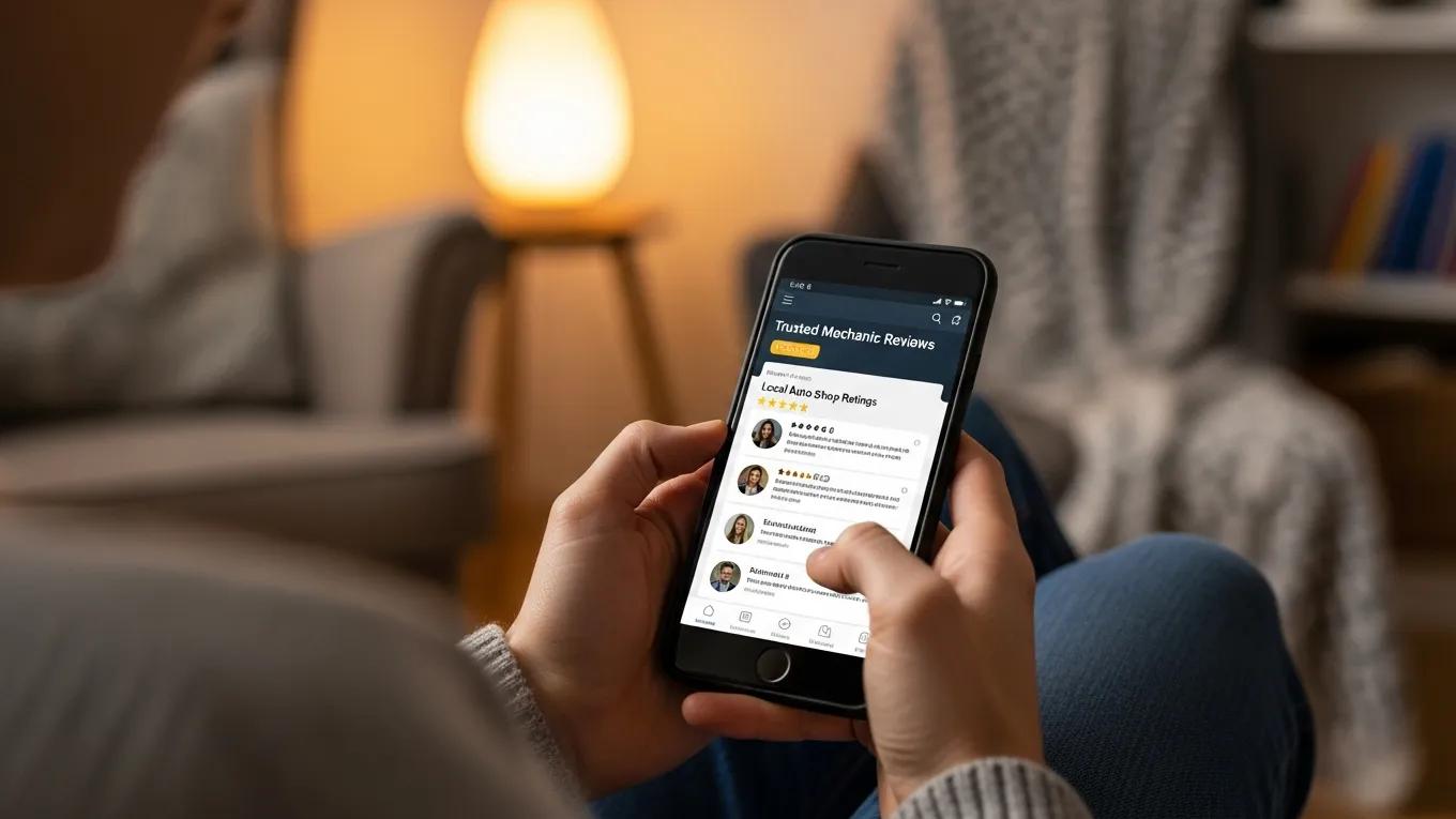 Person reading trusted mechanic reviews on a smartphone in a cozy setting