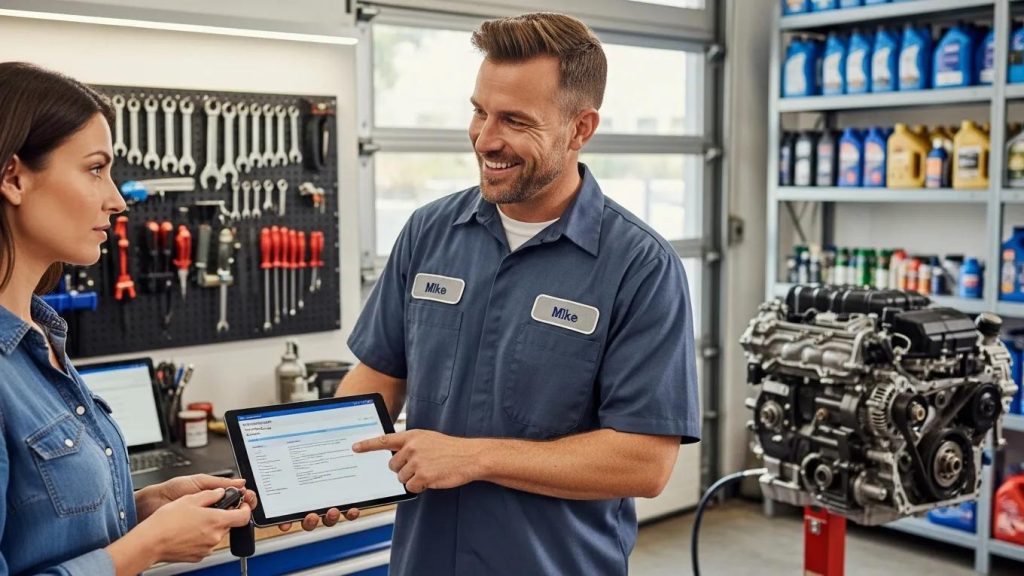 Friendly mechanic providing customer service in an auto repair shop