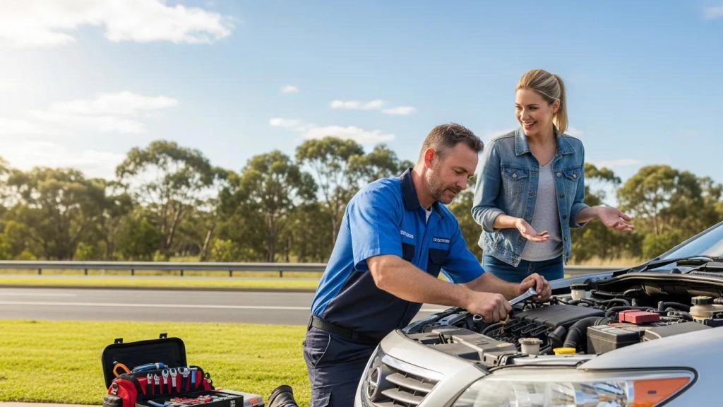 Mobile mechanic assisting a driver with emergency vehicle repair by the roadside