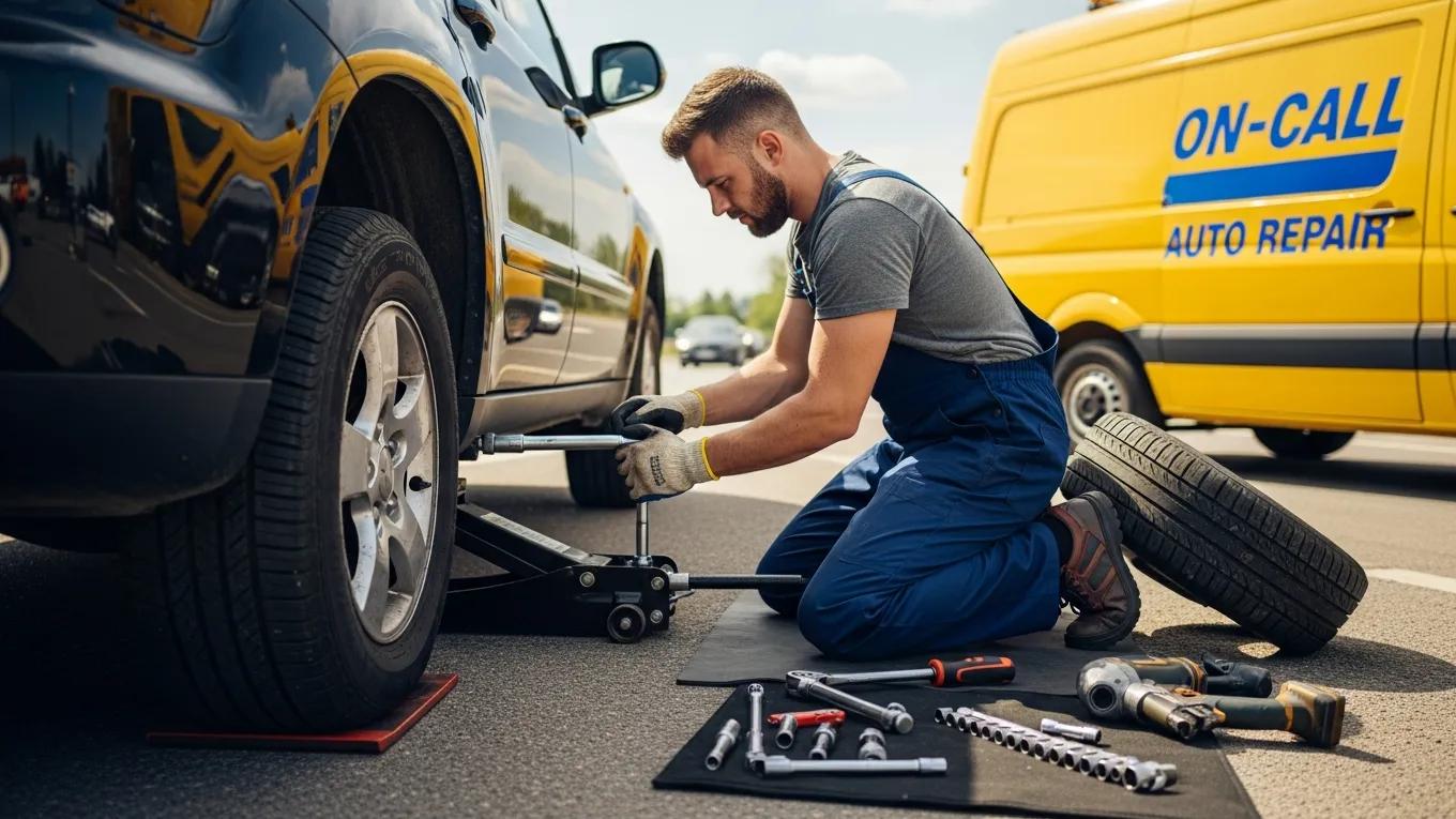 Mobile mechanic changing a flat tire on a vehicle at the roadside