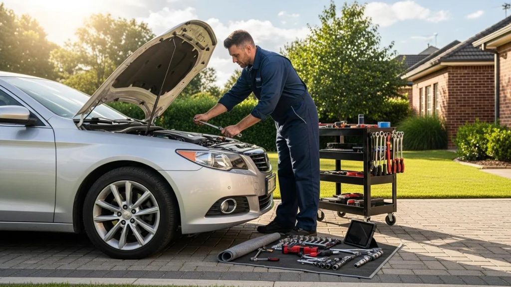 Mobile mechanic providing on-site service in a residential area