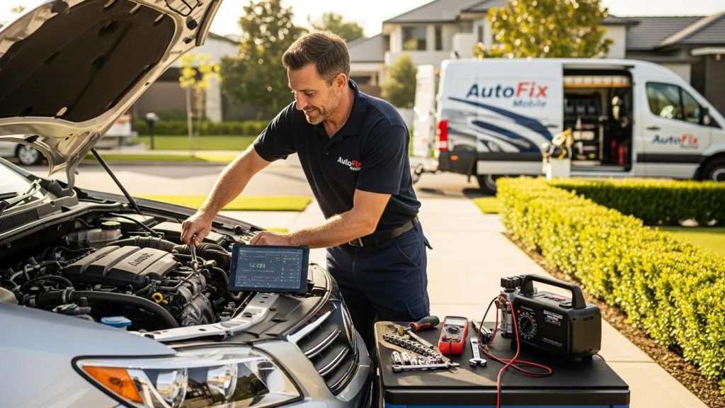 Mobile mechanic working on a car in a driveway, emphasizing convenience and service