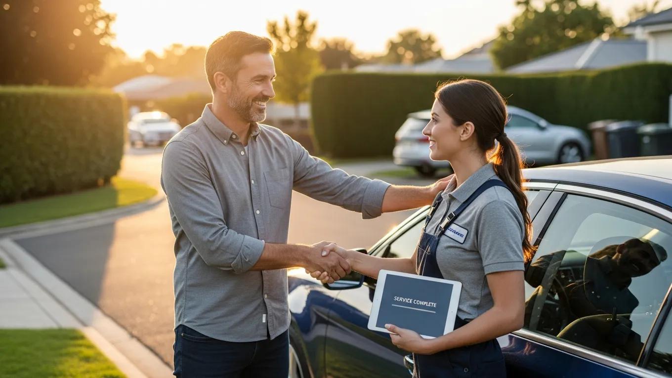 Satisfied customer shaking hands with a mobile mechanic after vehicle repair service