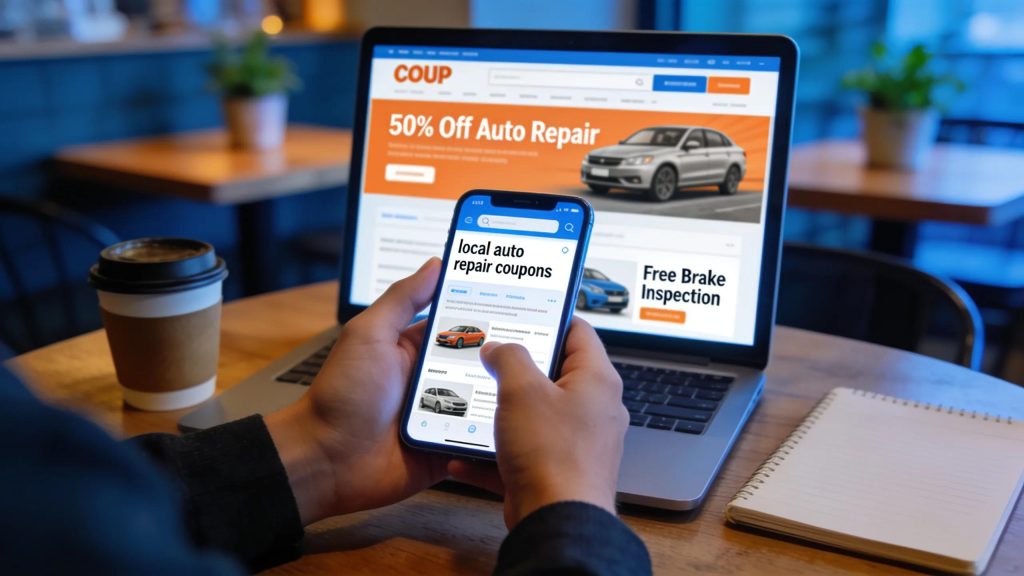 Person searching online for local auto repair coupons on a smartphone and laptop