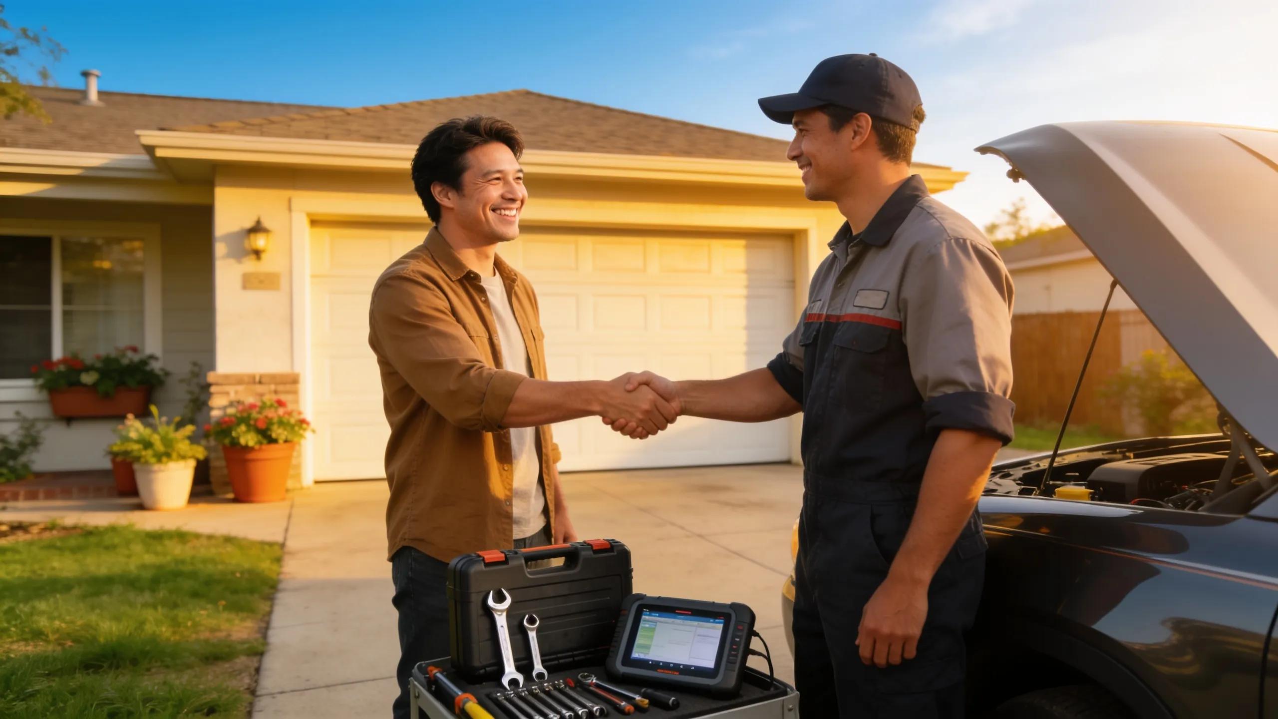Satisfied customer enjoying the convenience of mobile Chevy mechanic services at home