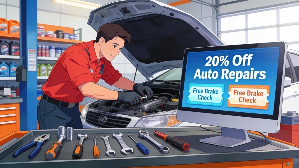 Auto repair services with coupons representing savings opportunities for vehicle maintenance