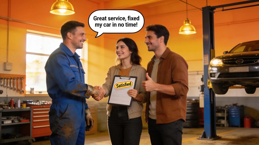 Happy customers providing testimonials to a mechanic showcasing quality service
