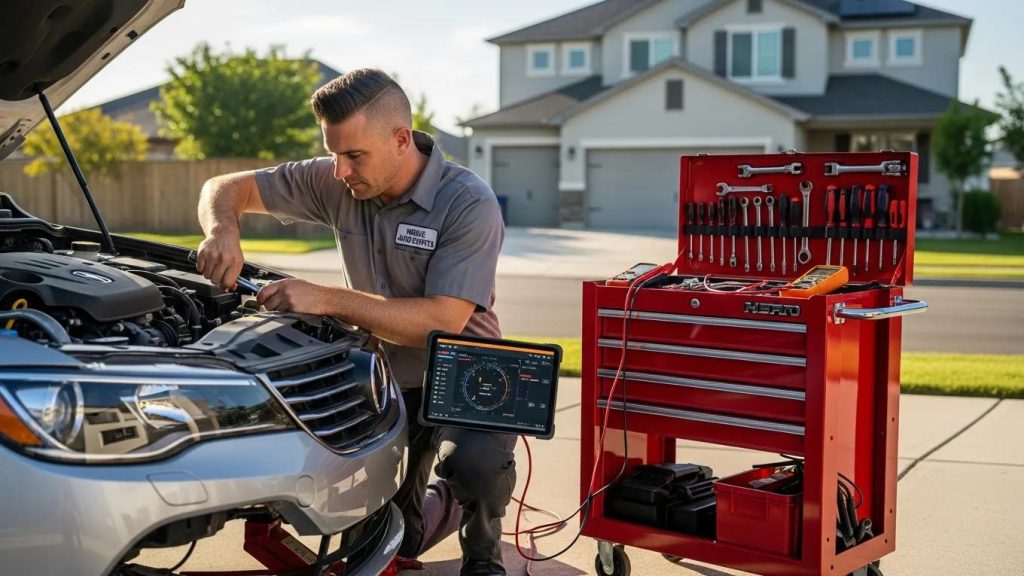 Mobile mechanic providing convenient car repair services in a residential setting