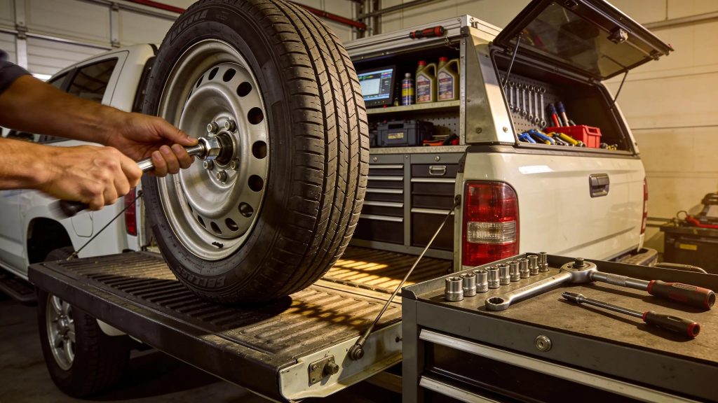 Mechanic changing a tire on-site, illustrating the hands-on services of mobile mechanics