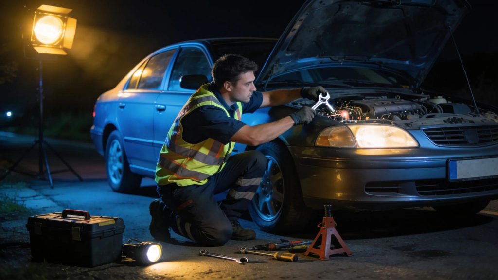 Mobile mechanic responding to an emergency vehicle repair at night, highlighting urgency and trust in service
