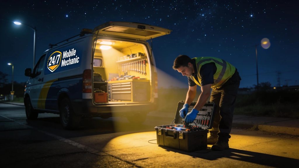 Mobile mechanic arriving at night to provide 24-hour emergency repair services, representing quick response times