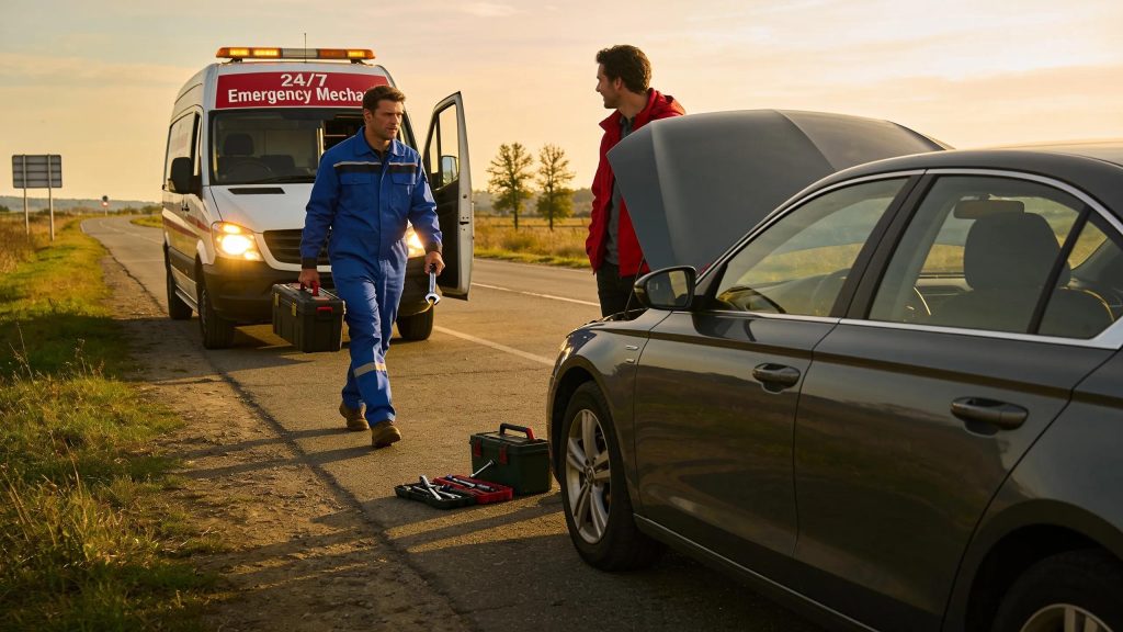 Mobile mechanic arriving at a roadside breakdown, demonstrating prompt emergency assistance