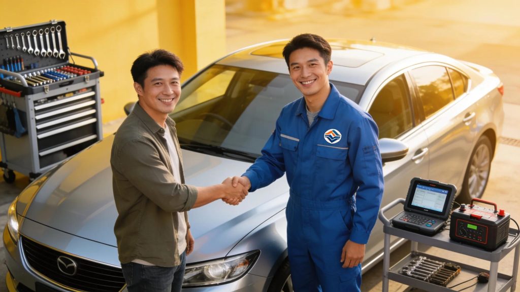 Friendly mobile mechanic assisting a satisfied customer beside a vehicle, highlighting trust in auto repair services
