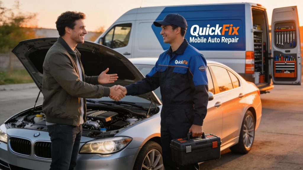 Driver thanking a mobile mechanic for immediate roadside assistance, highlighting the advantages of mobile repair services