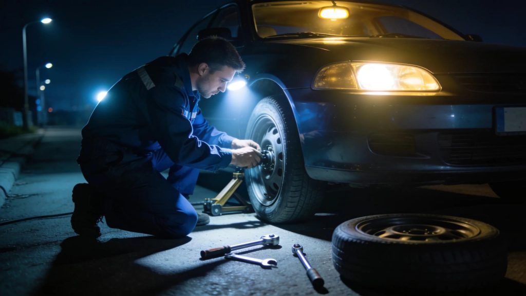 Mobile mechanic repairing a car at night, highlighting the urgency of 24-hour emergency services