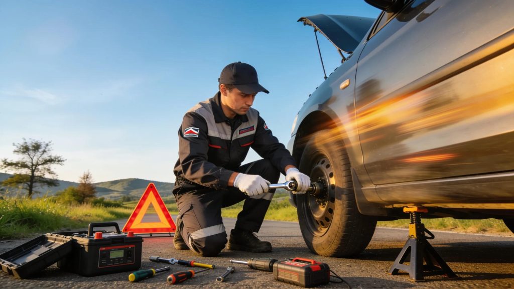Mobile mechanic repairing a car at the roadside, showcasing emergency car repair services and responsiveness