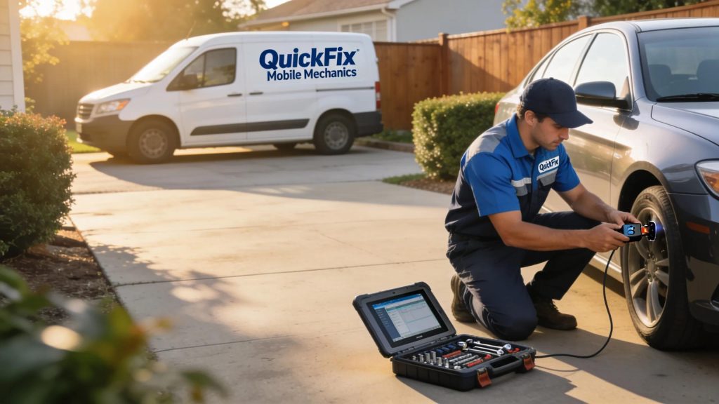 Mobile mechanic performing repairs in a driveway, demonstrating the convenience and service quality of mobile auto repair
