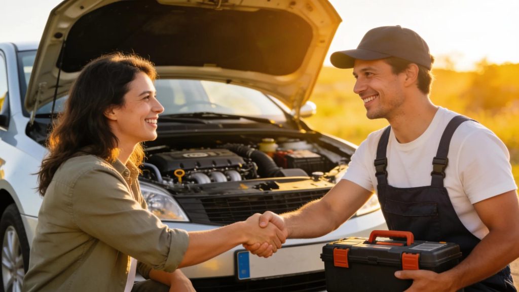 Happy customer thanking mobile mechanic after successful same-day auto repair service