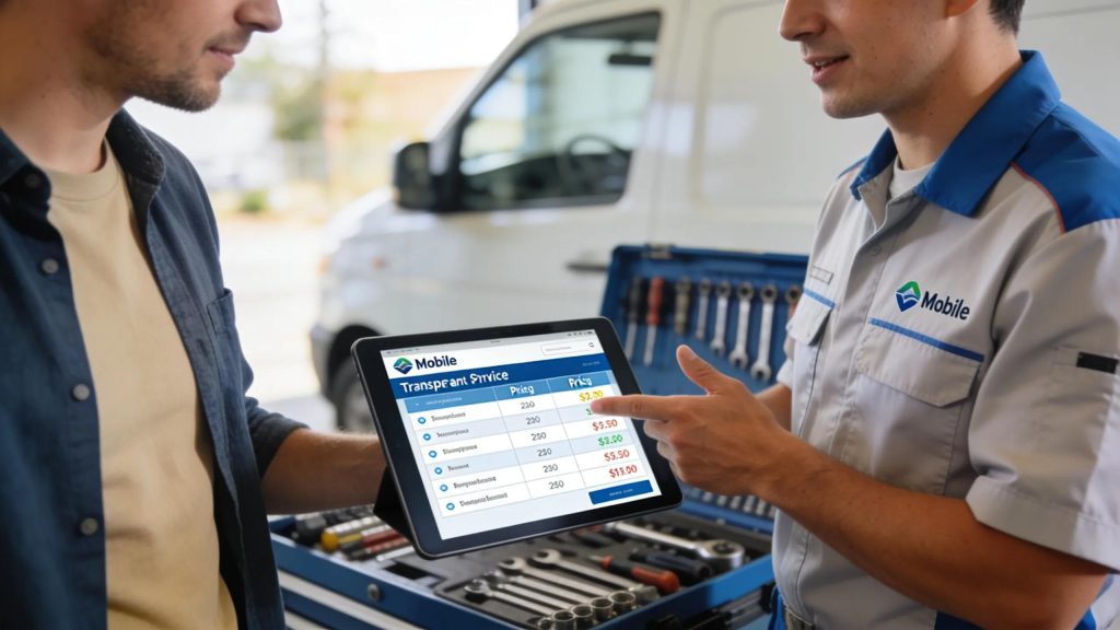 Customer discussing with a mobile mechanic about pricing and services, illustrating clear communication and trust