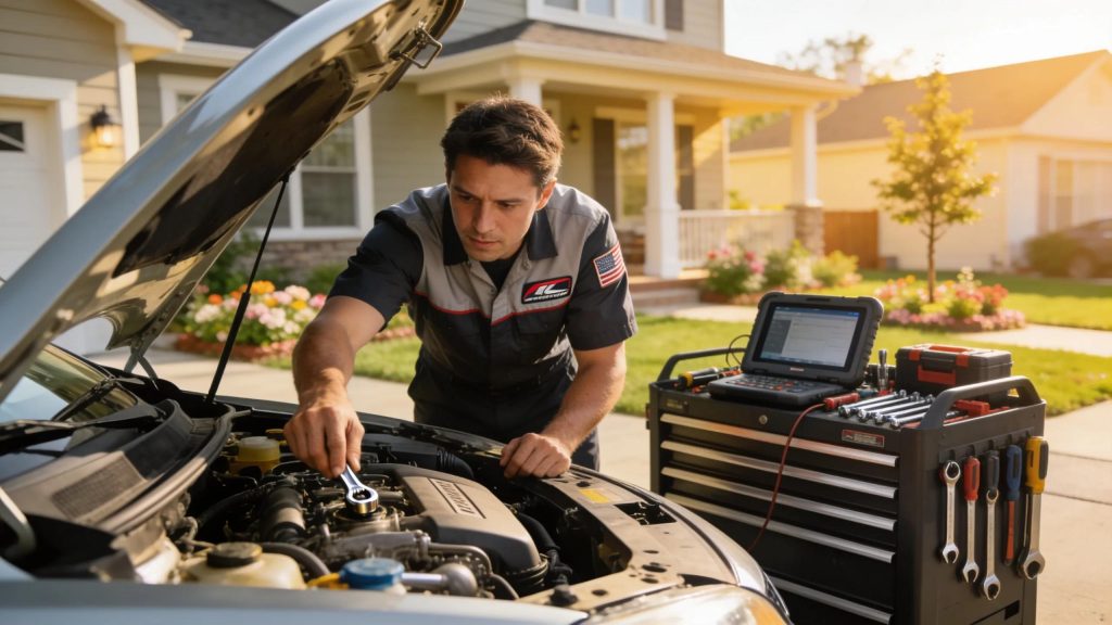 Mobile mechanic assisting a driver with emergency car repair in a suburban environment