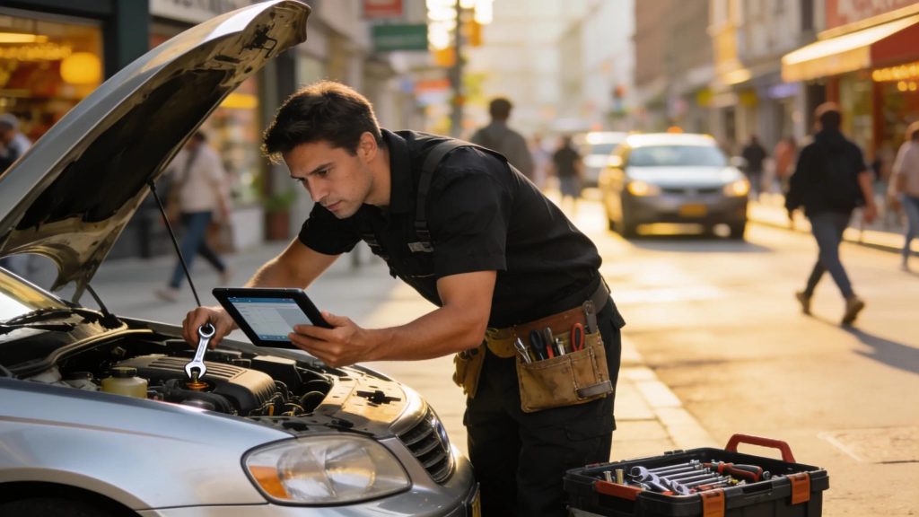 Mobile mechanic working on a vehicle, emphasizing convenience and professionalism in automotive services
